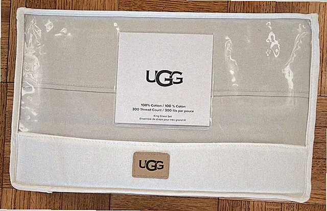 NWT UGG ® IONA "King" Sheet Set 300 Thread Count "Stone/Gray Solid" 100% Cotton