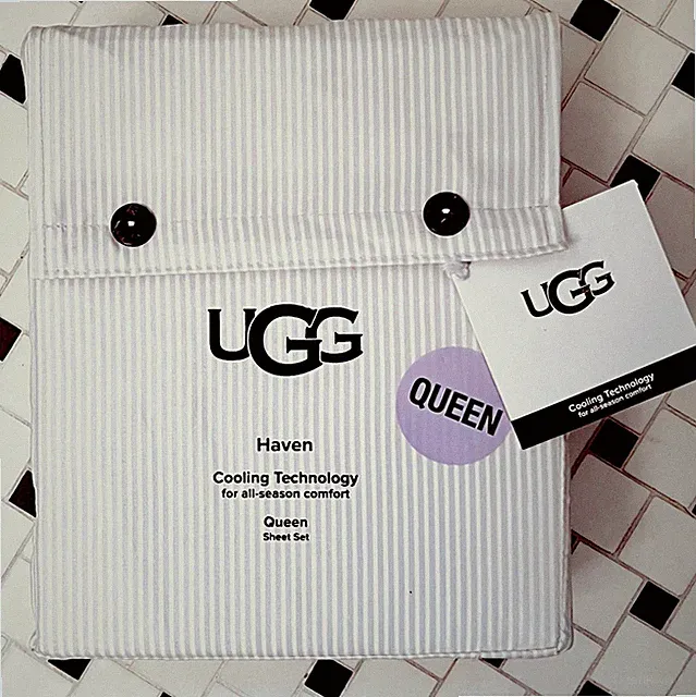 NWT UGG "RONICA" Queen Sheet Set All Season Cooling Technology Color-Stone/White