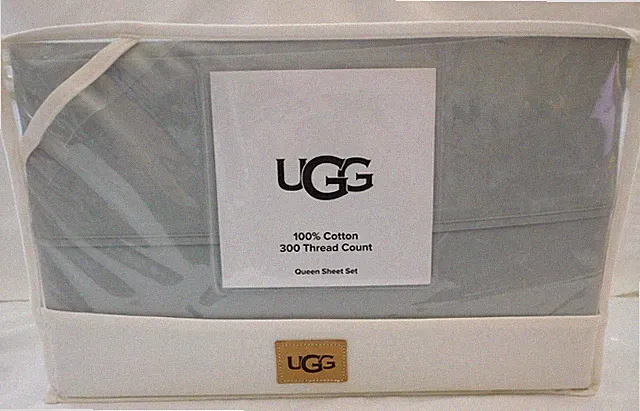 UGG 100% Cotton 300 Thread Count Queen Sheet Set "Ocean Mist" New in Package CC