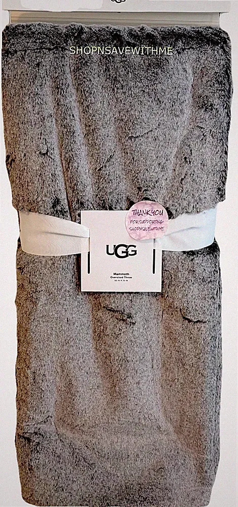 UGG Mammoth Faux Fur Gray Tipped Oversized 60”x 70” Plush Throw Blanket NWT